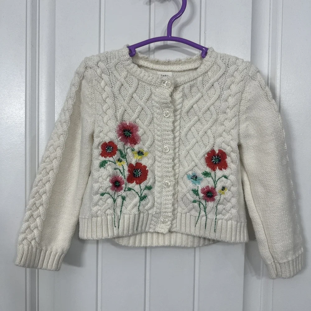 Baby Gap 18-24 Months Cable Knit Floral Embroidery Cardigan Ivory Frost Cotton